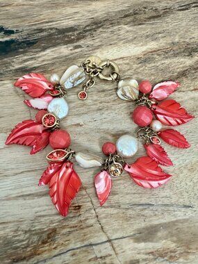 Dyrberg/Kern Nobelia Mother of Pearl and Swarovski leaf bracelet in Coral